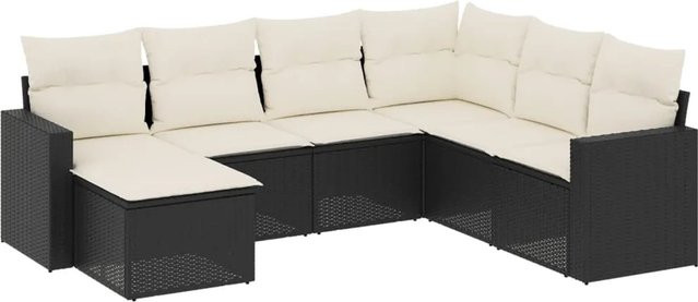 vidaXL 7-tlg Garten-Sofagarnitur in L-Form aus schwarzem Poly-Rattan mit Kissen und pulverbeschichtetem Stahlgestell - Bild 1