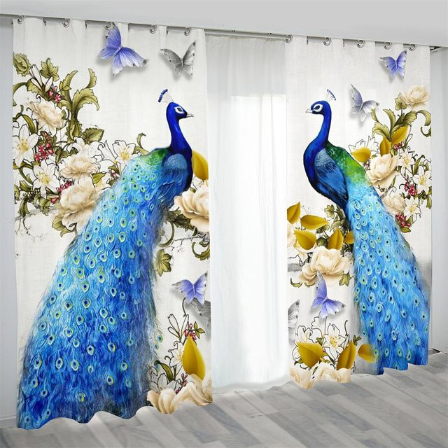 Household supplies MH Vorhangset Pfauendesign in Blau-Gold, 2-teilig, lichtfilternd, modern floral, Breite: 75 cm, Höhe: 60 cm - Bild 1
