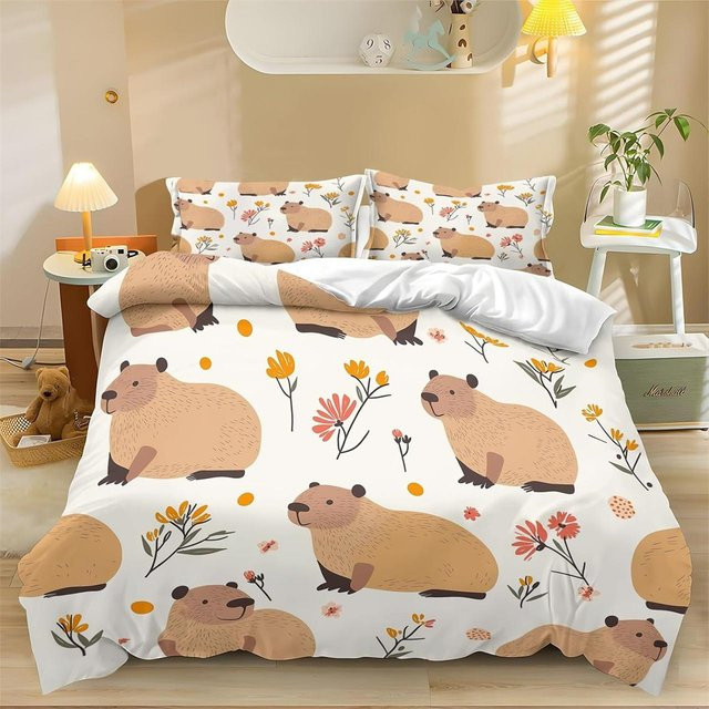 Capybara Bettwäsche-Set aus Polyester mit Bettbezug und Kissenbezügen, Weiß, B/T: 200 x 200 cm - Bild 1