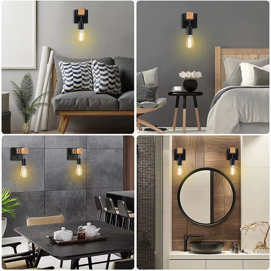 OSABO Retro Holz LED Wandleuchte E27 in Schwarz für Wohnzimmer und Badezimmer - Bild 5