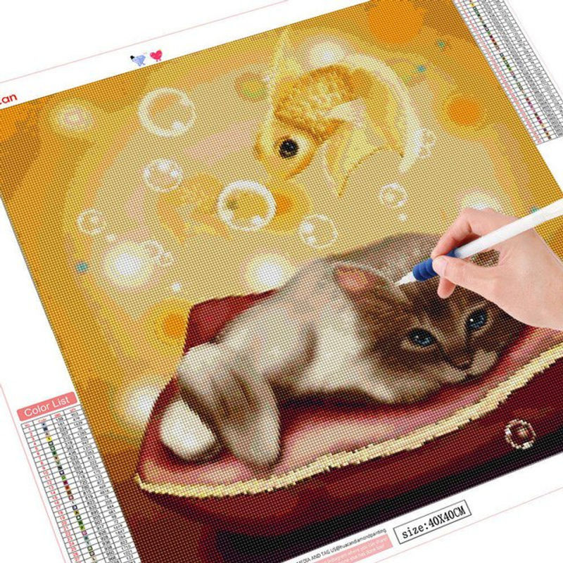 FIYO Diamond Painting Set mit Katzen- und Fischmotiv, mehrfarbige Dekoration für dein Zuhause, quadratisch, 30 x 30 cm - Bild 1