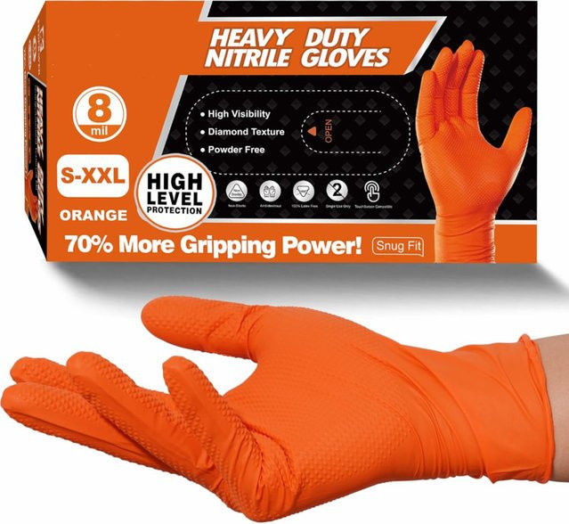 YUMARCH Einweg Nitril Handschuhe Orange, 8Mil Heavy Duty Schutzhandschuhe mit Diamantstruktur für Mechaniker und Industrie - Bild 1