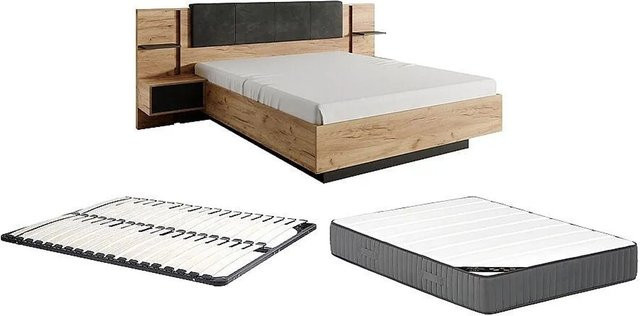 Vente-unique Bettrahmen Elynia Modern in Anthrazitgrau und Natur mit Lattenrost, Matratze und Schubladen B/T/H: 140 x 190 x 236,4 cm - Bild 1