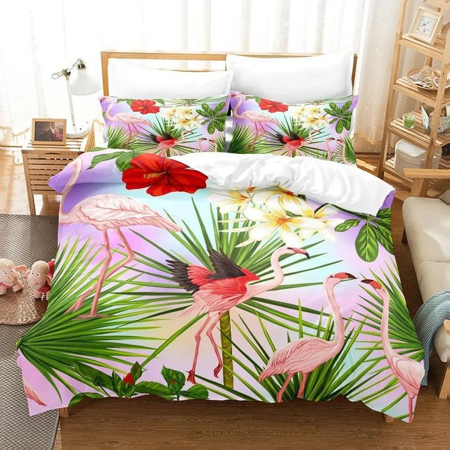 Binchi Fitness Bettwäsche Set Flamingo mit tropischen Blättern und Palmen, Grün/Mehrfarbig, 2-teilig, B/H: 140 x 210 cm - Bild 1