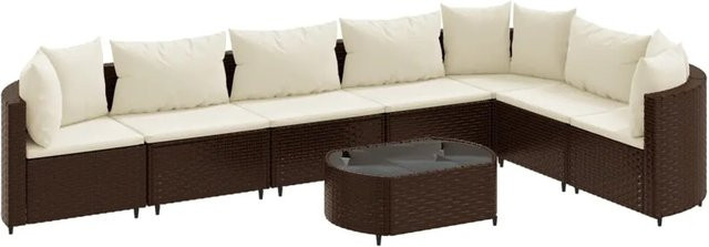 vidaXL 8-tlg Garten-Sofagarnitur in L-Form aus braunem Poly-Rattan mit cremeweißen Kissen und Couchtisch - Bild 1