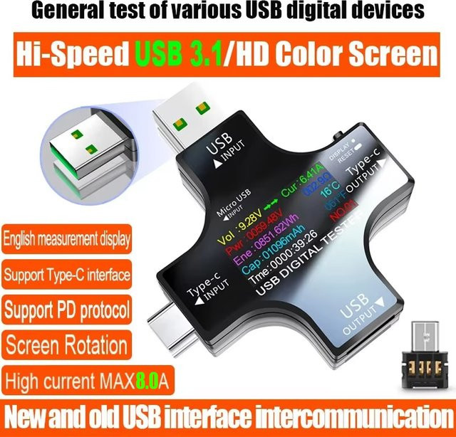 ATORCH USB-C PD Digital Voltmeter und Amperemeter zur Messung von Spannung und Strom bis 8,0 A in Schwarz - Bild 1