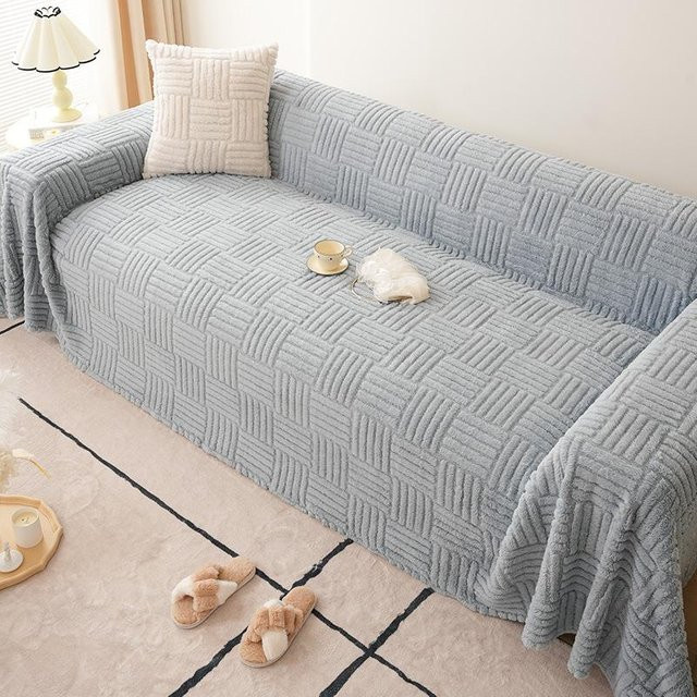 Weicher Plüsch Sofabezug in Blau als luxuriöser Couchüberwurf, B/T: 180 x 130 cm - Bild 1