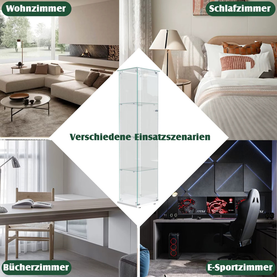 Comanlai Glas-Vitrine in Weiß mit LED-Beleuchtung, 4-stufiger moderner Sammlerschrank mit Glastüren und Schloss - Bild 5