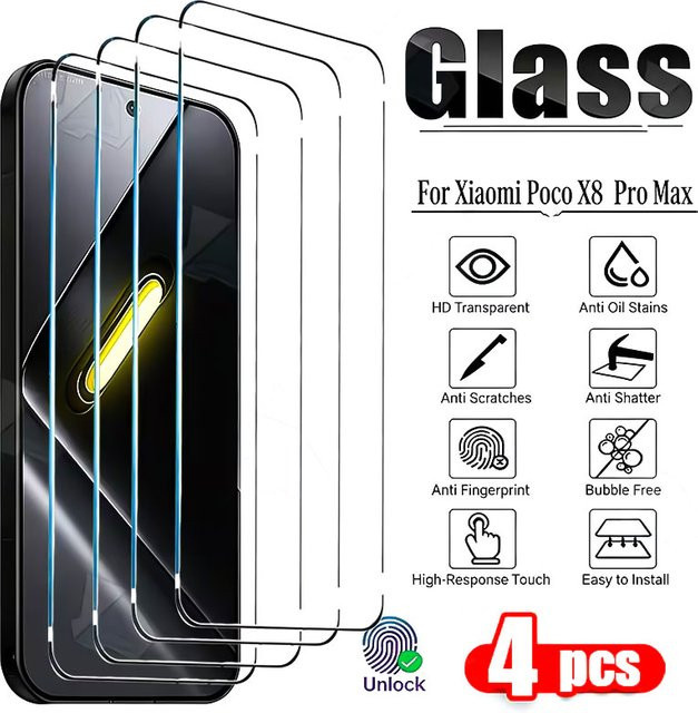 4 Stück Entsperrbare Displayschutzfolien für Xiaomi POCO X8 Pro Max F8 Ultra F7 F6 F5 X7 X6 M7 M6 X5 X4 X3 Pro Schutzglas transparent - Bild 1