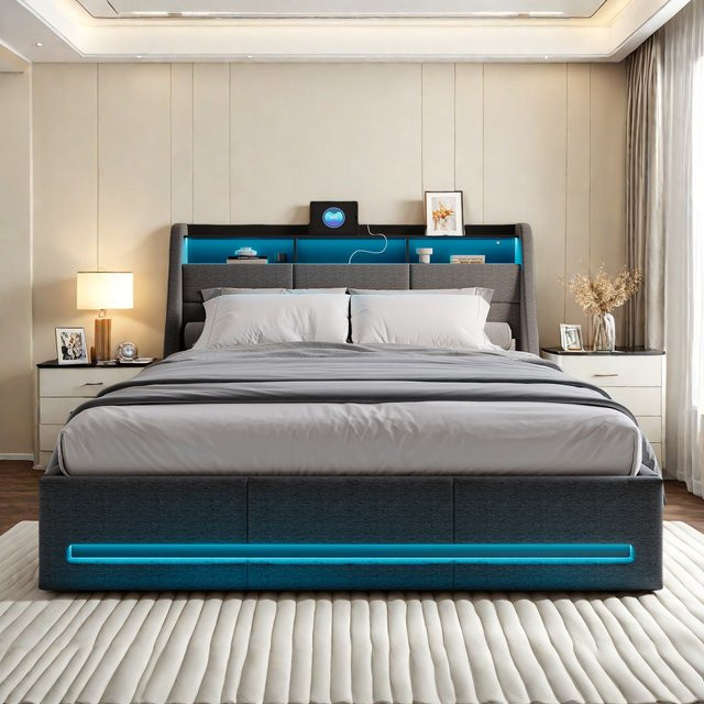 Rosahqnda Polsterbett in Grau mit LED-Kopfteil, USB-Anschluss und hydraulischem Stauraum, B/T: 160 x 200 cm - Bild 1