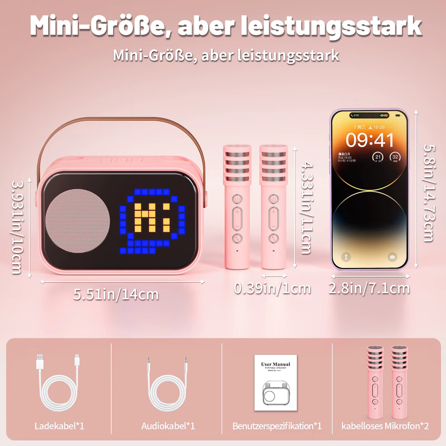 FanFun D58 Karaoke-Maschine in Pink mit 2 kabellosen Mikrofonen und Bluetooth-Funktion für Kinder und Erwachsene - Bild 3