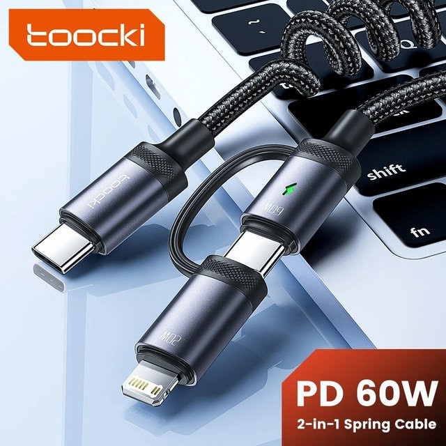 Toocki 2 in 1 USB-C Schnellladekabel mit 60W PD und 2,4A für iPhone 15 Pro, Samsung S23 und Xiaomi, Federkabel für Auto, Schwarz/Grau - Bild 1