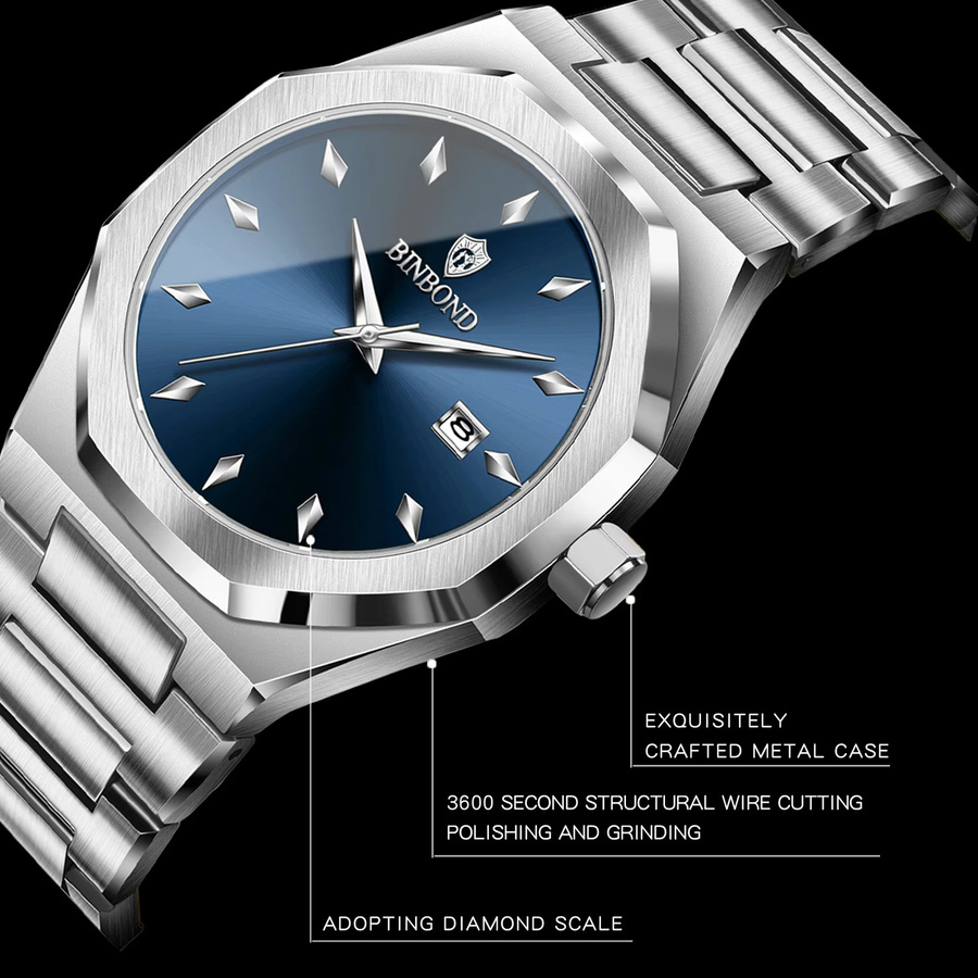 BINBOND Armbanduhr Edelstahl, Quarz, Blau, Herren - Bild 2