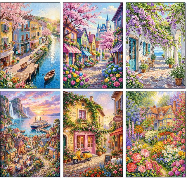 XUEQIXIAOZU Diamant-Malerei-Set Europäische Stadt mit Schloss und Blumenstraße, DIY Mosaik-Stickerei in Multicolour, B/H: 40 x 30 cm - Bild 1
