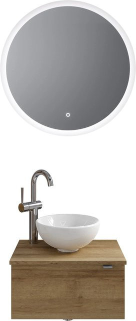 Pelipal Badmöbel-Set Serie 6915 Riviera Eiche mit Keramik Aufsatzbecken, Waschtischunterschrank und Funktionsspiegel mit LED-Beleuchtung und Sensor-Schalter, Breite: 70 cm - Bild 1