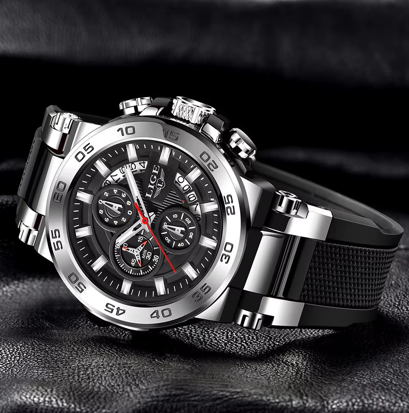 LIGE Armbanduhr Chronograph, Quarz, Silikon, Schwarz, Herren - Bild 2