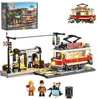 Lumibricks Konstruktionsspielzeug Historische Straßenbahn und Bahnhof mit Bar aus Klemmbausteinen - Bild 1