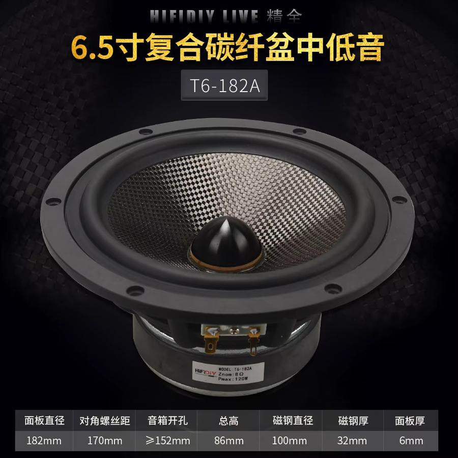 HIFIDIY LIVE HiFi-Lautsprechereinheit T6-182A mit Kohlefaser-Membran, 6,5 Zoll (182 mm) Tieftöner, 120 W, Schwarz - Bild 4