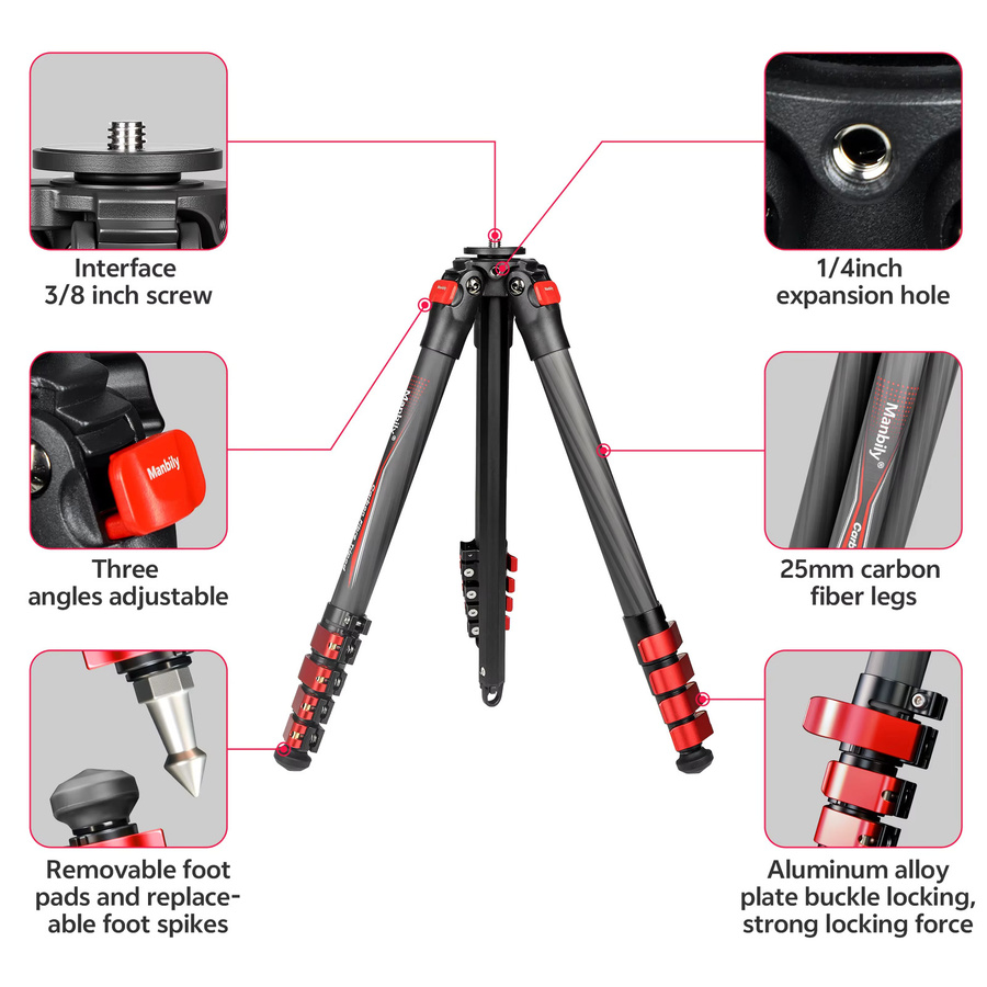 Manbily PH-10 Kohlefaser-Stativ für Mobiltelefone und DSLR-Kameras, 25-mm-Rohr, max. Belastbarkeit 10 kg, Schwarz/Grau - Bild 3