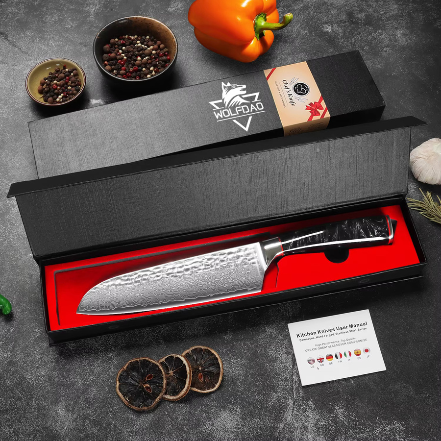 SAEIV Santoku-Messer aus Damaststahl mit Marmormuster und ergonomischem Griff - Bild 7