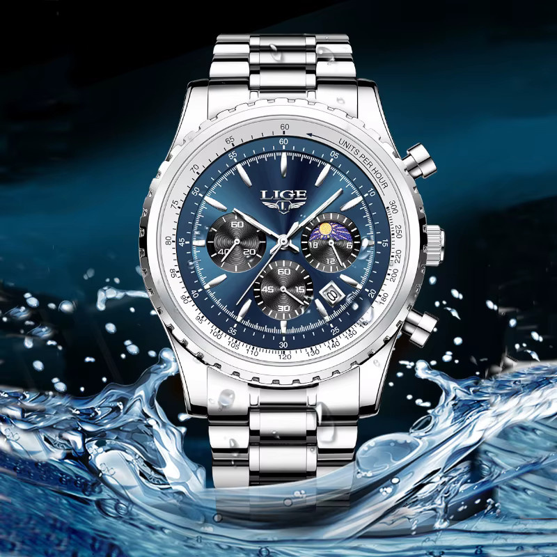 Lige Armbanduhr Quarz, Edelstahl, Mondphase, Datum, Blau, Herren - Bild 3