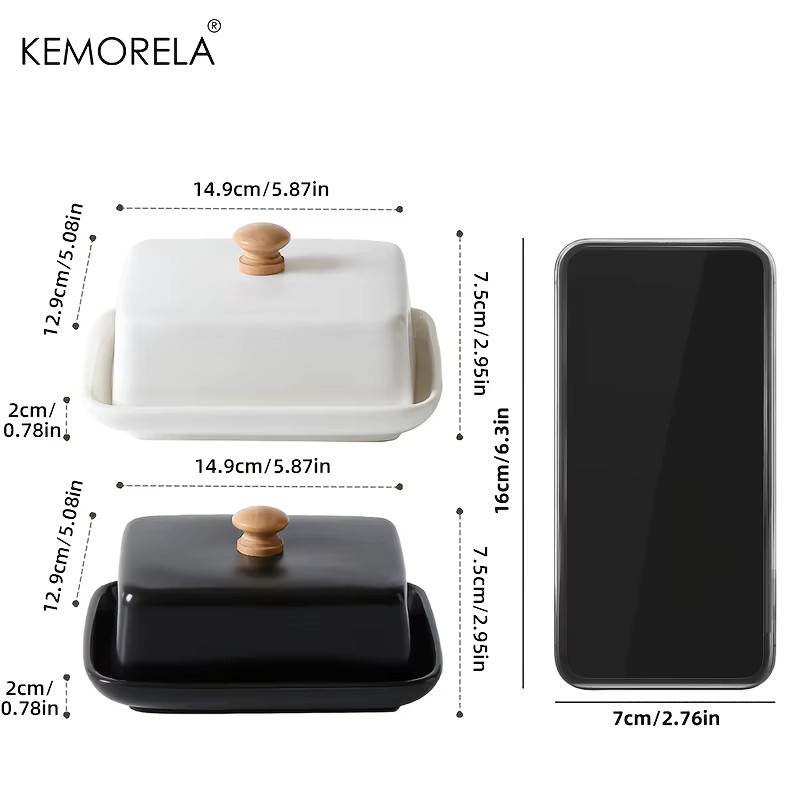 KEMORELA Keramik-Butterdose mit Deckel und Wasserverschluss, rechteckige Käseaufbewahrungsbox aus Keramik in Schwarz oder Weiß, B/T/H: 14,9 x 7,5 x 7,5 cm - Bild 4