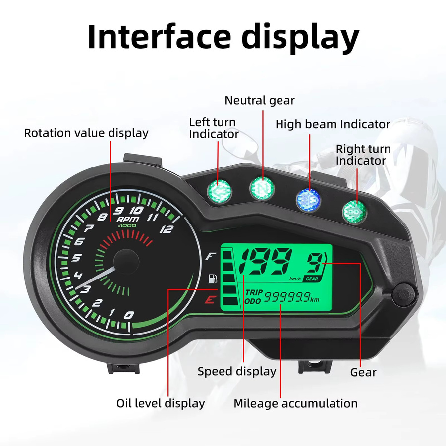 MAIMEIMI Digitaler Motorrad Tachometer mit LCD-Anzeige und Drehzahlmesser in Schwarz - Bild 4