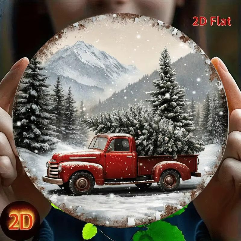 Potdemiel Vintage-Wandschild aus Aluminium mit rotem LKW und Weihnachtsbaum in Rot, rustikale 2D-Flachmetalldekoration für Weihnachten - Bild 2