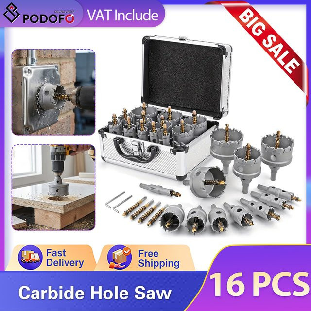 Podofo 16-teiliges TCT-Lochsägen-Bohrerset mit Hartmetallbestückung in Silber, 16-57 mm, inklusive Aufbewahrungsbox für Edelstahl, Eisen und Kupfer - Bild 1