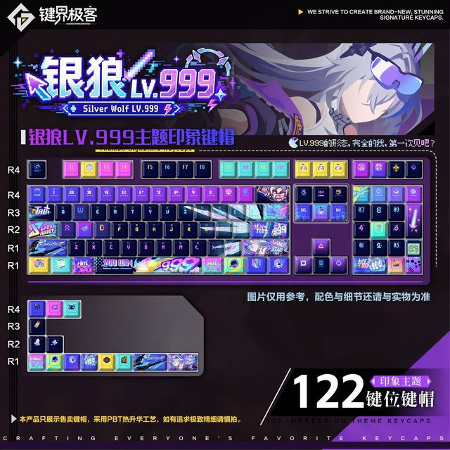 Honkai Star Rail Silver Wolf Tastenkappen Set aus PBT mit Cherry und MOA Profil, 122 Tasten, Multicolor, Seitengravur - Bild 1