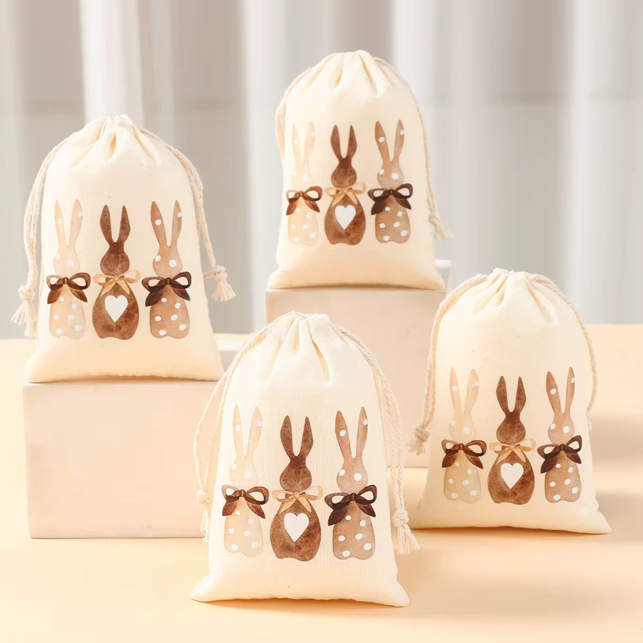 6 Stück Huiran Ostern Geschenktüten aus Leinen mit Hasenmuster in Beige für Süßigkeiten und Kekse - Bild 1