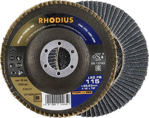 Rhodius Fächerschleifscheibe 211328 für Edelstahl und Stahl, Durchmesser: 115 mm, Bohrungs-Ø: 22,23 mm, Körnung: 60, Mehrfarbig - Bild 1