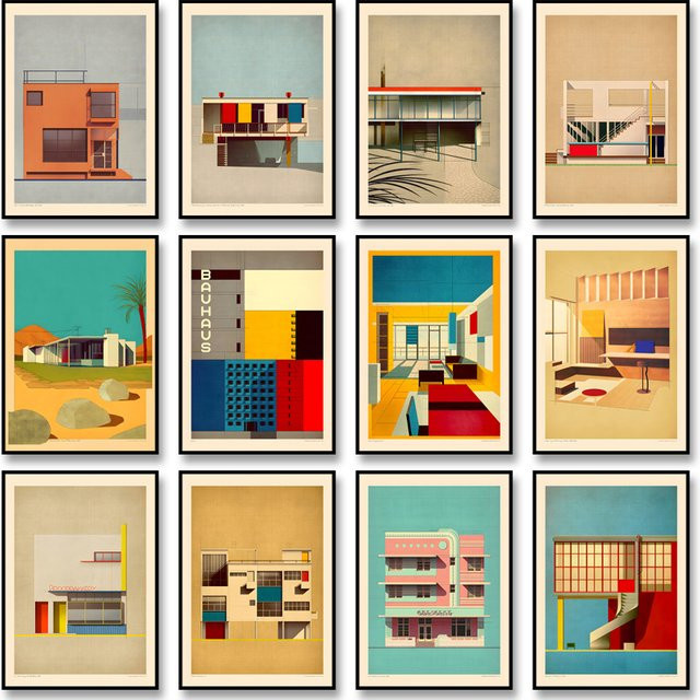 Abstraktes Bauhaus Wandkunstbild von Potdemiel als Leinwandgemälde im Portraitformat mit Holzrahmen - Bild 1