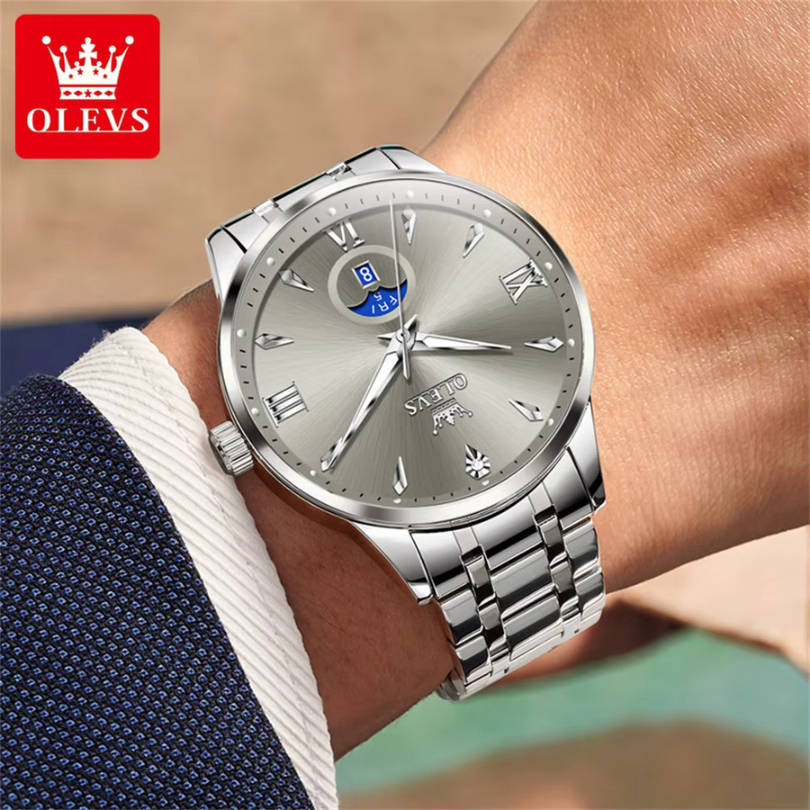 OLEVS Armbanduhr Quarz, Edelstahl, Silber, Herren, Wochenkalender-Anzeige - Bild 3