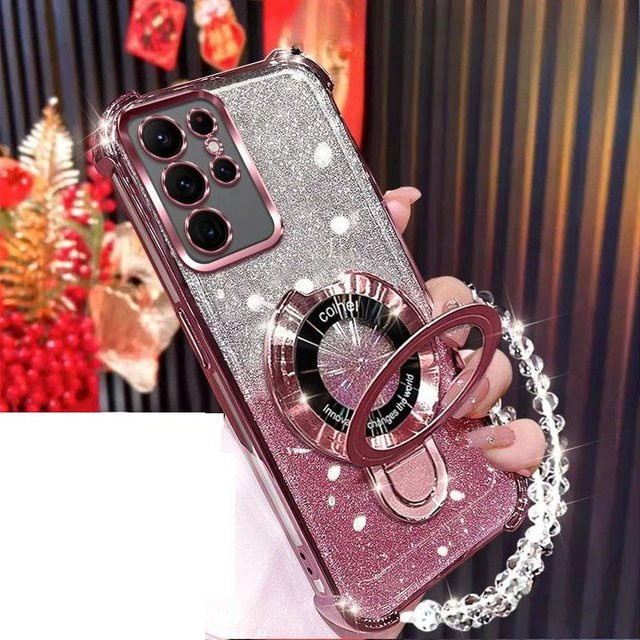 Stoßfeste Silikon-Handyhülle mit Glitzer-Beschichtung, Magnetischem Halter und Armband für Samsung Galaxy A23 5G, Farbe: Rosa - Bild 1