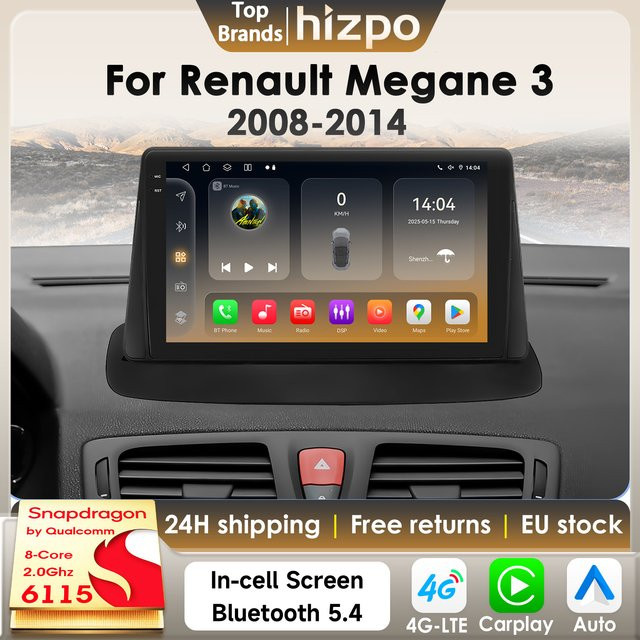 Hizpo Android 14 Autoradio für Renault Megane 3 2008-2014 mit 8 Kernen, Qualcomm Snapdragon 6115, GPS, 4G, Carplay und AI Auto, Schwarz - Bild 1
