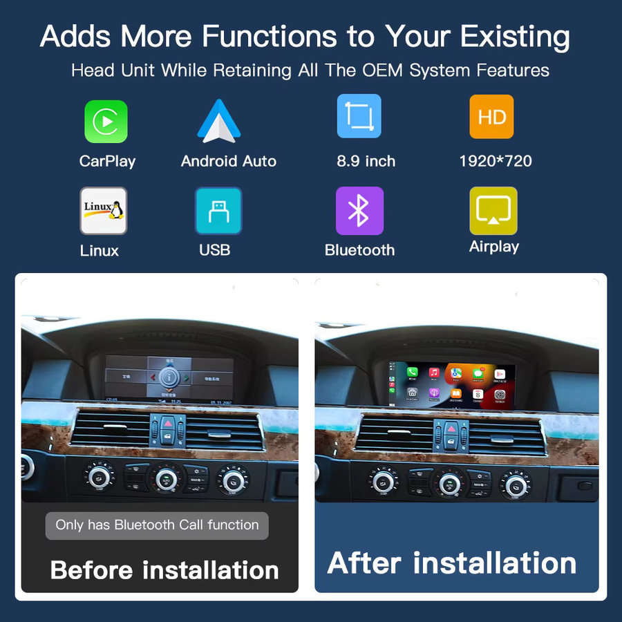 CARABC Wireless CarPlay und Android Auto Multimedia Touchscreen für BMW 3er und 5er Serie CIC CCC System, 8,9 Zoll, Schwarz - Bild 3