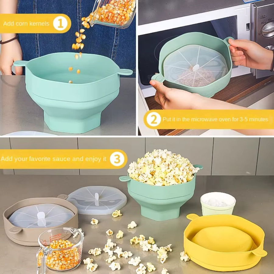 FEB.WIND Popcorn-Popper aus Silikon mit Deckel, zusammenklappbare Mikrowellen-Schüssel, rund - Bild 2