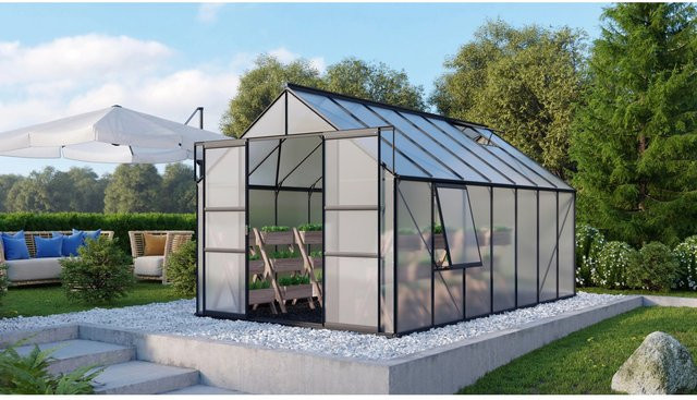 Vitavia Gewächshaus Meridian 2 Vorzugsset in Schwarz mit Polycarbonat-Platten, Doppelschiebetür und Satteldach, B/T/H: 441 x 254 x 232 cm - Bild 1