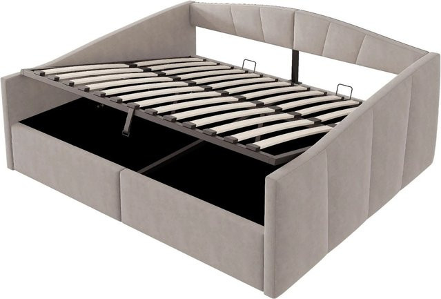 Merax Schlafsofa mit Hydraulik-Lattenrost und Samtbezug in Hellgrau, B/T/H: 140 x 200 x 145 cm - Bild 1