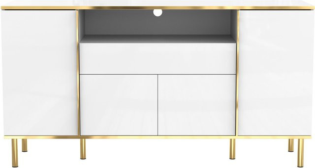 Modernes Sideboard von Aosom in Weiß mit LED-Beleuchtung und glänzender Oberfläche, 4 Türen und 1 Schublade, B/T/H: 150 x 40 x 80 cm - Bild 1