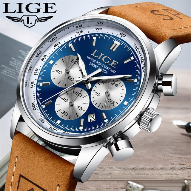 LIGE Armbanduhr Chronograph, Quarz, Leder, Herren, Blau - Bild 1