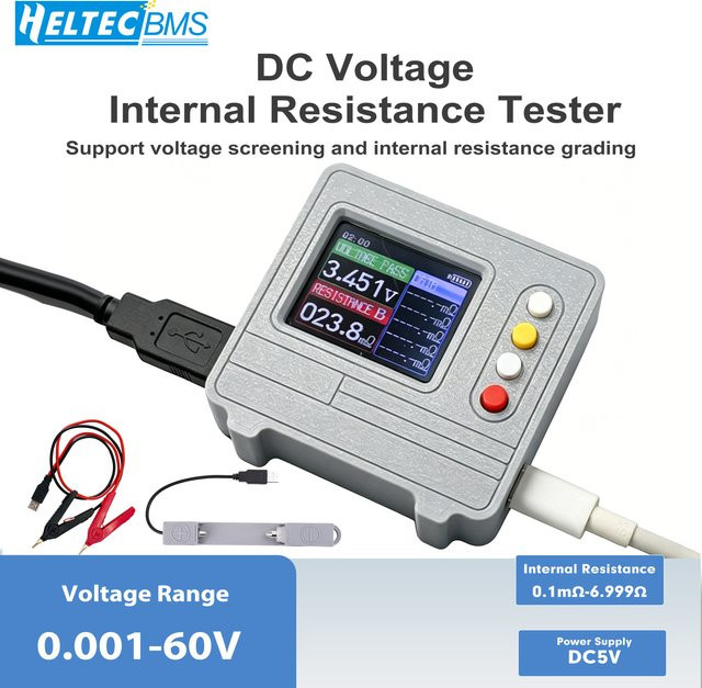 Heltec Batterie-Innenwiderstandstester AC 4-Draht-Spannungsmessgerät in Grau für 18650 Lithium-Batteriezellen-Sortierung (0,001V-60V, 0,1mΩ-6,999Ω) - Bild 1
