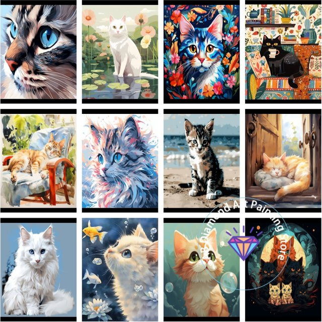 Potdemiel DIY Diamond Painting Kit Süße Katze 5D Mosaik in Multicolour, runde Form - Bild 1