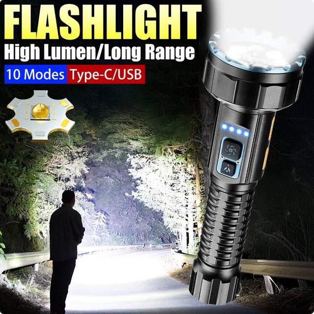 XIWANGFIRE Wiederaufladbare taktische LED-Taschenlampe in Schwarz mit 9 LEDs und 10 Modi, wasserdichte Outdoor-Taschenlampe aus Aluminium für Camping und Wandern - Bild 1
