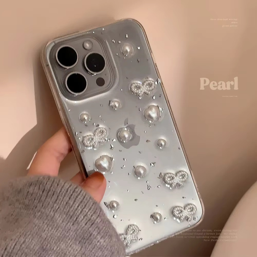 Luxus 3D Herz und Perlen Handyhülle mit Schleife für Apple iPhone 17 16 15 14 13 12 Pro Max, Transparent, Stoßfestes Softcover - Bild 2