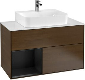 V&B Waschtischunterschrank Finion 100 in Walnuss mit lackiertem Regal links, Breite: 100 cm, Tiefe: 50,1 cm, Höhe: 50,1 cm - Bild 1