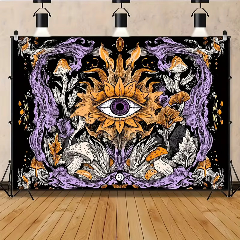 VIKAMA Mystic Eye Boho Wandteppich in Lila und Multicolour mit kosmischer Pilzkunst und Blumenmotiven, Rechteckig, Breite: 60 cm, Höhe: 40 cm - Bild 2