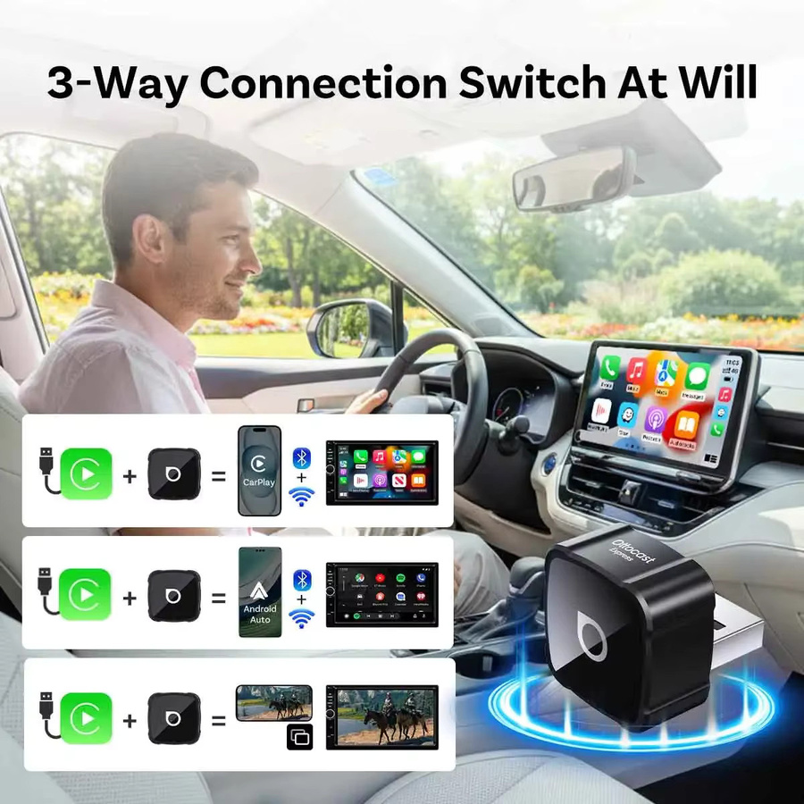 OTTOCAST 3-in-1 Mini Air Wireless Adapter für Android Auto, CarPlay und AirPlay Mirroring in Schwarz mit USB-A und USB-C Anschlüssen - Bild 2