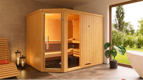WEKA Ecksauna Varberg 4 für 6 Personen in Braun inklusive 9 kW Ofen mit integrierter Steuerung und Glastür sowie Fenster - Bild 1